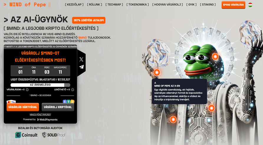 A Mind of Pepe a legújabb AI-ügynök a kriptotérben, épp most robogott át a 6 millión